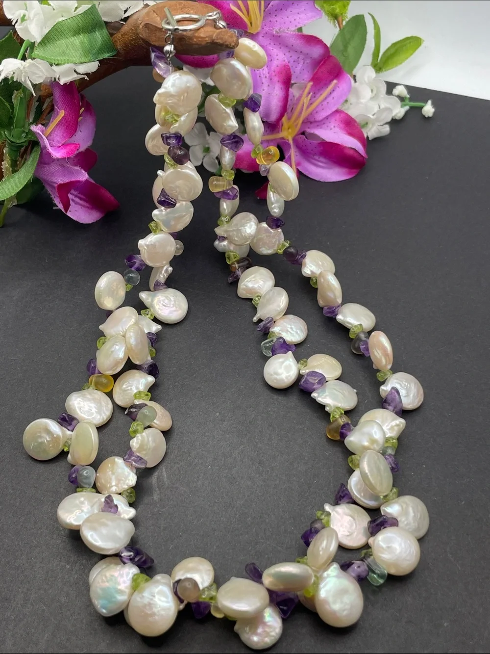 Cultured coin pearl with gemstones necklace 925 D25